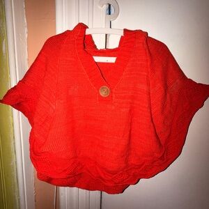 Free People Vibrant Red Knit Poncho with Button Detail